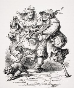 Bedelaar die viool speelt, zijn vrouw begeleidt hem met beenderen, naar een 17e-eeuwse gravure, uit 